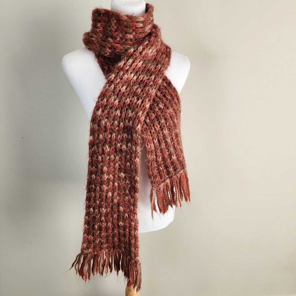 Chunky Knit Wool Scarf Soft Boho Fringe Winter Neckwarmer Rust Earth Tones Warm